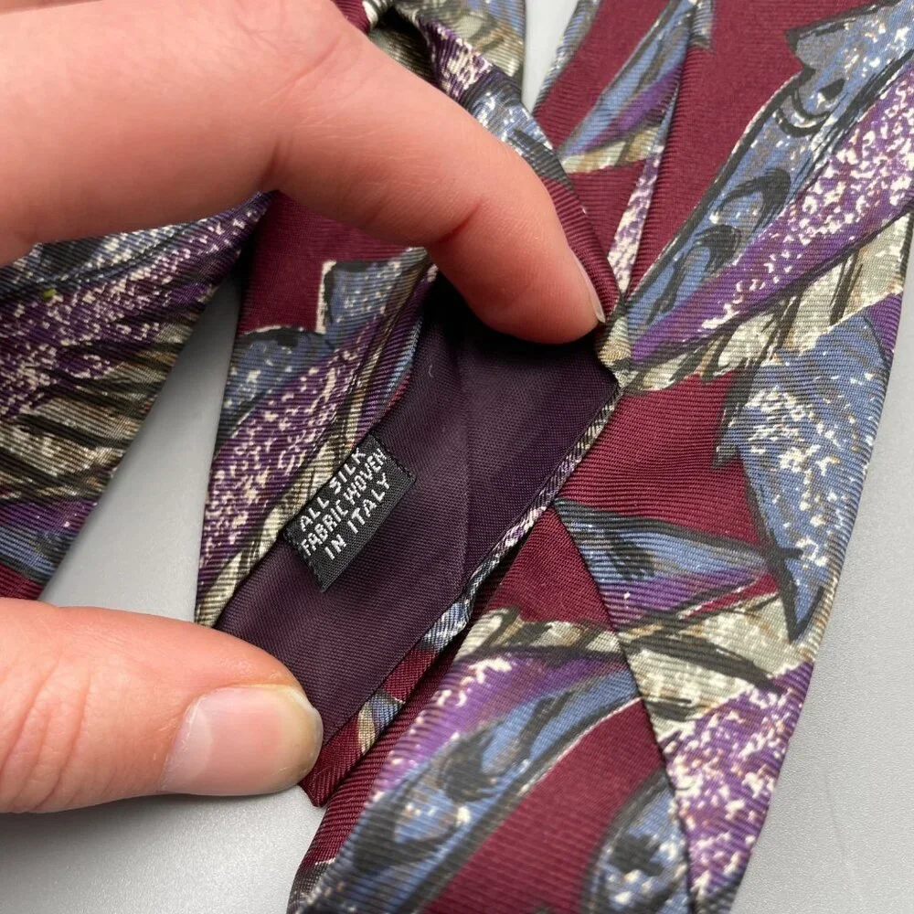 Vintage Christian Dior Red and Purple Palm Printed Silk Tie Made in Italy 80s 90